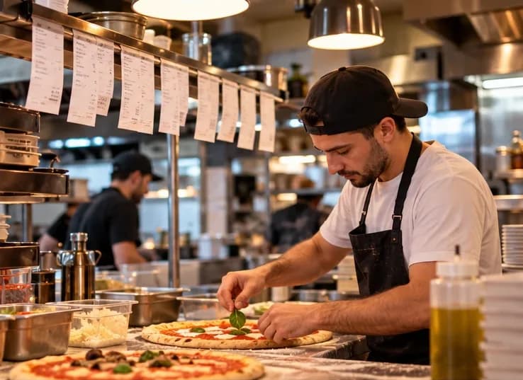 Cuisine d'un restaurant de quartier pendant le service, tickets de commande alignés