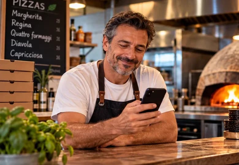 Un restaurateur à son comptoir consulte une commande sur son téléphone