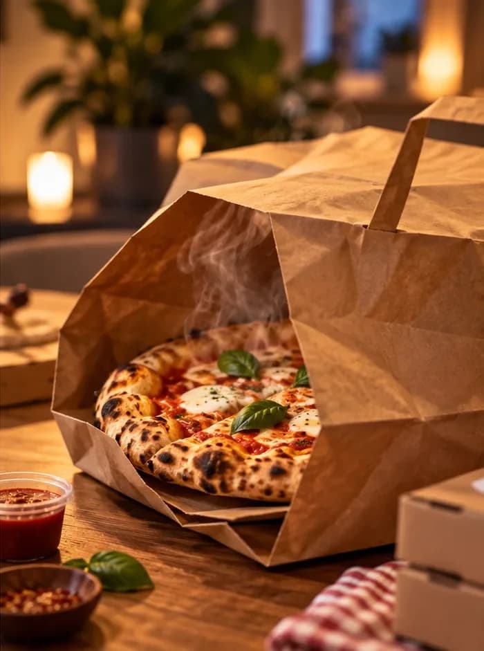 Une pizza chaude dans un sac de livraison en papier kraft