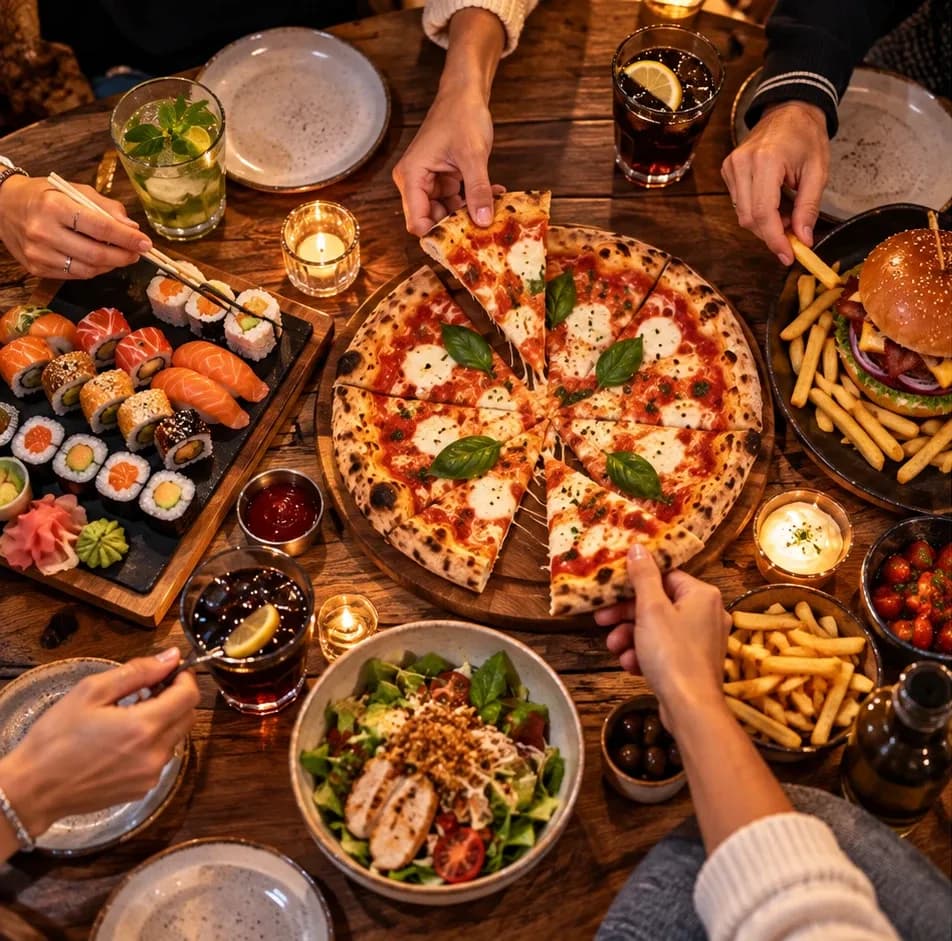 Table de plats à partager : pizza, sushis, burger et frites